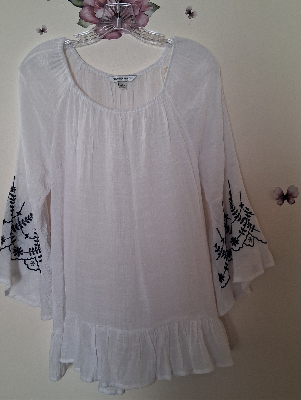 Counterparts White Embroider Tunic Top Medium Ruffled Flared Sleeves Coastal